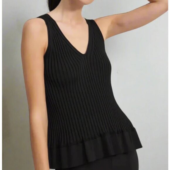 Theory Tank Top Womens Large Black V-Neck Sleeveless Flared Hem Rib Knit Stretch - Picture 8 of 9